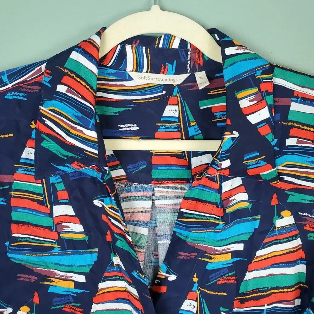 Soft Surroundings Nautical Colorful Sailboat Print Button Down Shirt Top Size XL